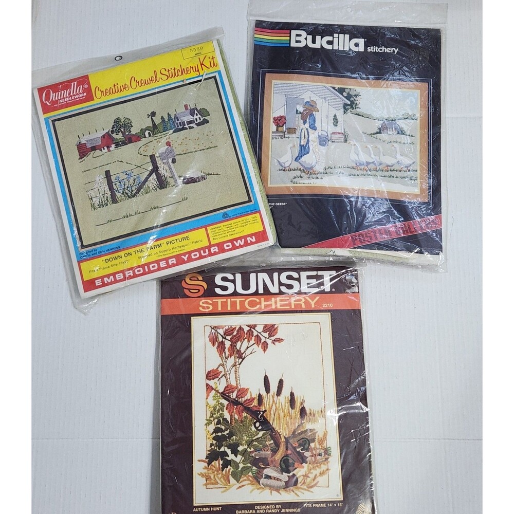Lot of 3 Vintage Crewel Embroidery Kits Bucilla Sunset Quinella NIP NOS Country